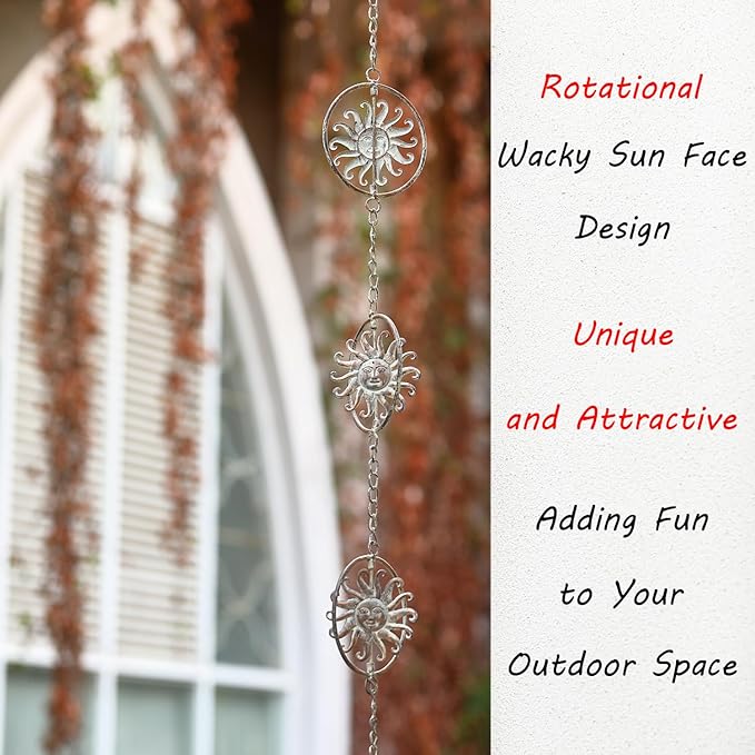 Sun Face Rain Chains, 8.5 Feet Length, Rain Gutter Chains, Functional and Decorative Replacement for Gutter Downspouts, Metal Loop Rain Catcher Chain, Rain Chains for Outside Garden Balcony Porch