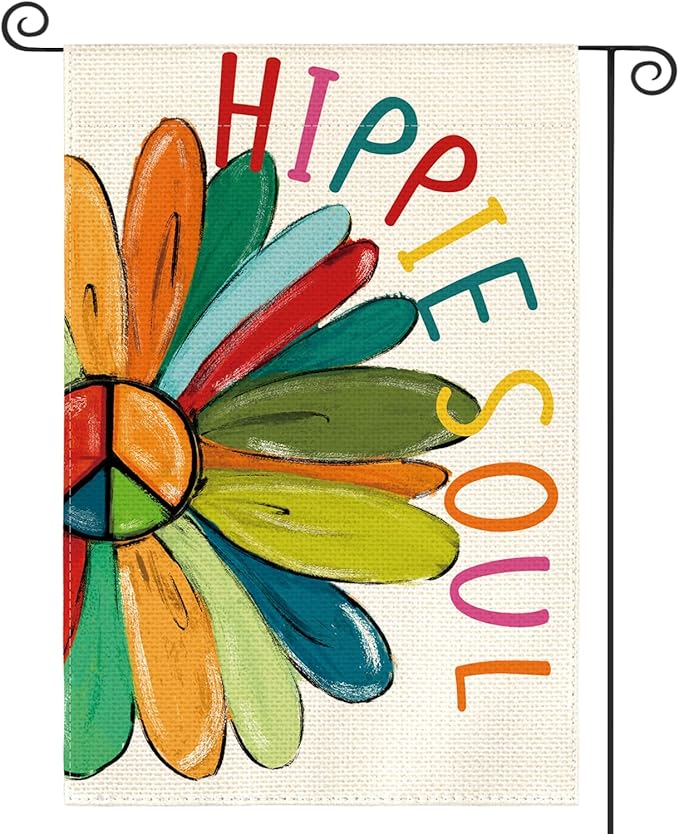 AVOIN colorlife Hippie Soul Sunflower Garden Flag 12 x 18 Inch Double Sided Outside, Peace Sign Floral Retro Yard Outdoor Decoration