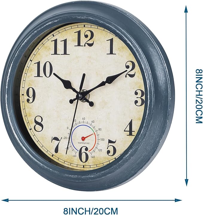 Outdoor Clocks Waterproof with Thermometer Combo Rustic Coastal Beach Wall Clock Decor for Bathroom Patio Pool (8 Inch,Blue)