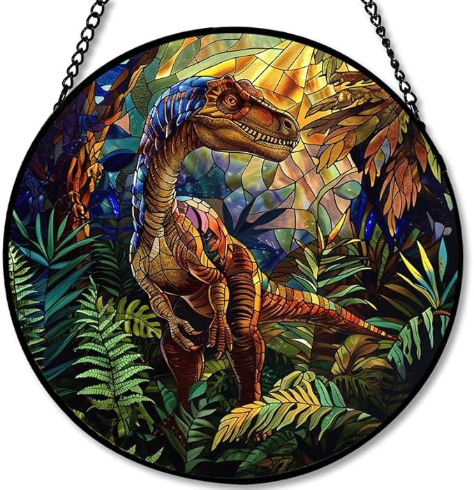 Stained Glass Window Hanging - Raptor Dinosaur in Jungle Scene Sun Catchers Indoor Stained Glass Panels Wall Decor for Mom,Wife,Lovers,Festive