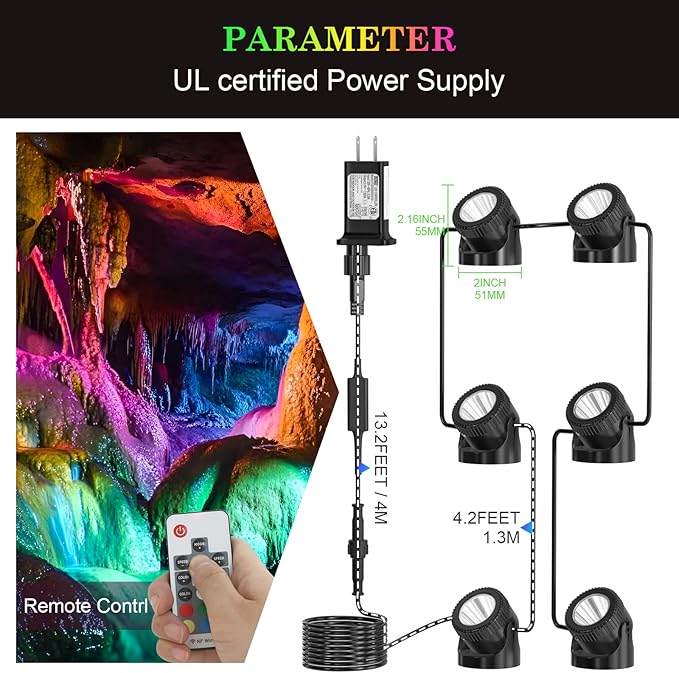 SoulBay Pond Lights with Remote, 4pcs RGB IP68 Waterproof Underwater LED Lights with 8-H Timer and Power Supply for Pond Garden Landscape Lighting for Patio, Garden, Fountain, Aquarium Decoration