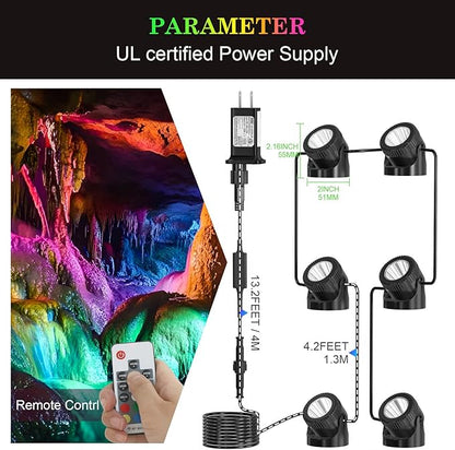 SoulBay Pond Lights with Remote, 4pcs RGB IP68 Waterproof Underwater LED Lights with 8-H Timer and Power Supply for Pond Garden Landscape Lighting for Patio, Garden, Fountain, Aquarium Decoration