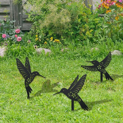 WADORN 3 Styles Hummingbirds Metal Decorative Garden Stakes, Funny Hummingbirds Flowers Metal Silhouette Statues Animal Garden Ornament Gifts Black Yard Art Decoration for Outdoor Backyard Patio Lawn