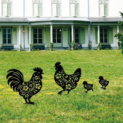SUPERDANT 4PCS Chicken Metal Garden Yard Art Decor Black Silhouette Outdoor Iron Art Decoration Garden Stakes Statues Ornament Crafts for Backyard Parks Lawns Outdoor Spaces