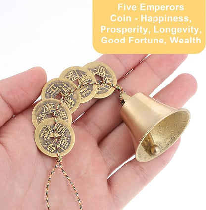 2 PCS Hanging Bells for Door, Feng Shui Coins, Chinese Feng Shui Bell Wind Chime, Brass Hanging Decor with Coins for Wealth Protection Good Luck, Indoor Outdoor Car Decor