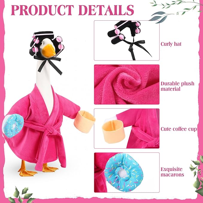 Shyyween Lady Porch Goose Outfit for 17'' Cement Plastic Lawn Goose Statue Clothes Pink Bathrobe Coffee Cup Curlers for Outdoor Garden Yard Patio Decoration