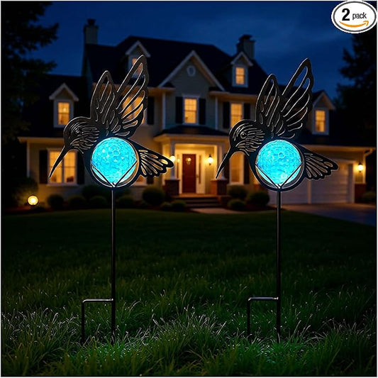 Hummingbird Solar Lights Outdoor Decorations, 2 Pack Metal Iron Solar Stake Lights for Yard, Garden, Lawn Decor
