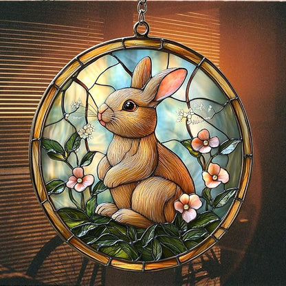 Earthy Tiffany Bunny Floral Art Acrylic Suncatcher Stained Glass Effect Window Car Hanging Christmas Ornament Indoor Outdoor Decor Garden Sun Catcher Panel for Easter Lover for Women Mom Grandma