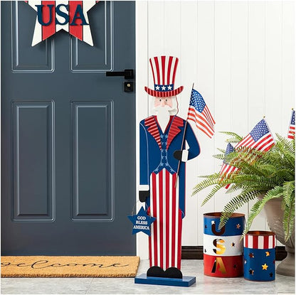 Glitzhome Patriotic 4th of July Wooden Porch Sign Independence Day 40" H Americana Uncle Sam Porch Decor Vertical Front Door Sign for Memorial Day Sign Home Front Door Yard Party Decor
