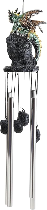 Ebros Gift Medieval Green Dragon Guarding Emerald Crystal Geode Rock Figurine Crown Top Resonant Wind Chime with Miniature Geode Rocks Ornaments for Garden Patio Home Fantasy Dungeons and Dragons