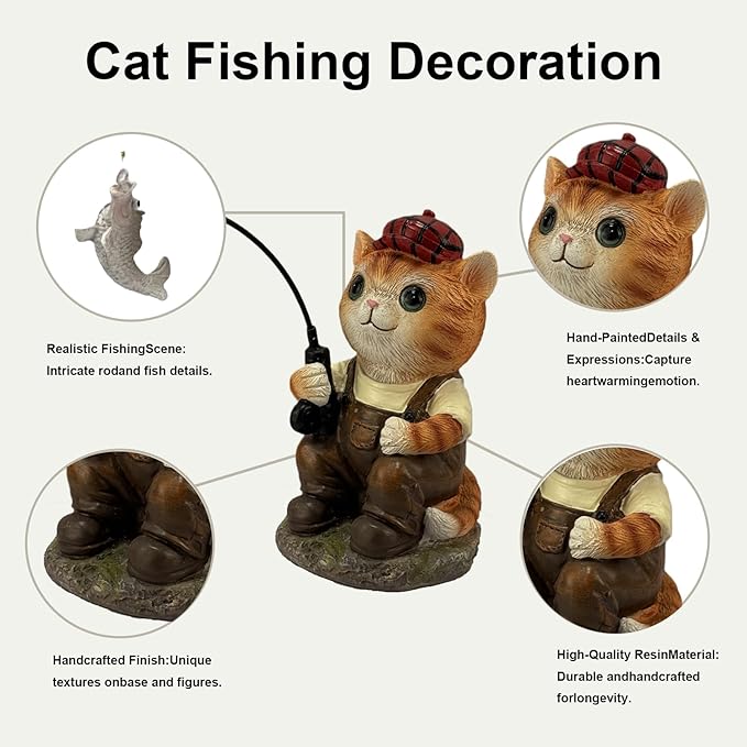 GARDEN WHISPER Cat Statue Outdoor Koi Pond Garden Decoration, Cat Decor for Yard 7.1'' Fishing Tabby Statue Outdoor Garden Decor, Fishing Guy for Waterfalls or Koi Pond Additioanl, Gifts for Mom
