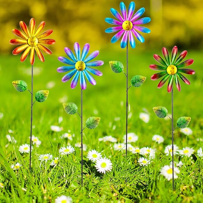 DREAMYSOUL 4 Packs Metal Flowers Wind Spinners Outdoor, Pinwheel Decorative Garden Stakes, Metal Small Wind Spinner for Yard and Garden Decor