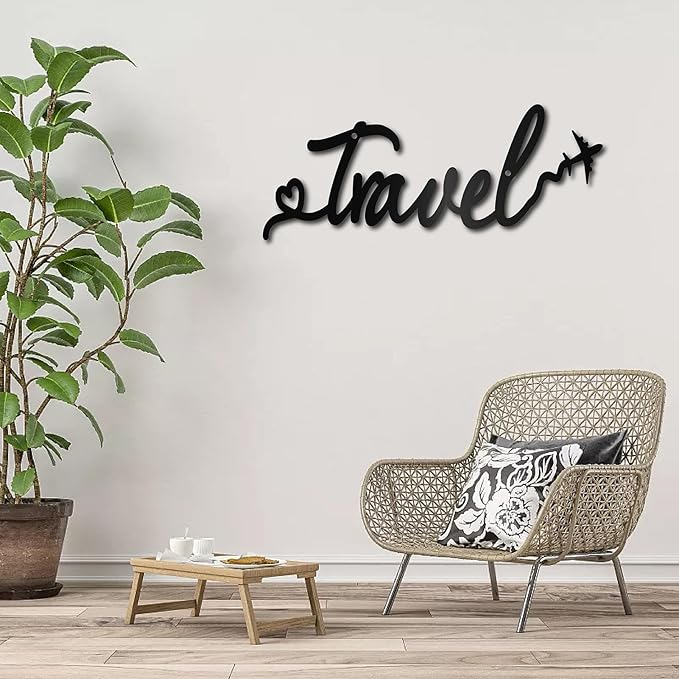 CREATCABIN Travel Metal Wall Art Decor Black Wall Silhouette Hanging Decor Iron Wire Art Word Sculpture Decoration Sign Cutout Minimalist Airplane Ornament for Traveler Farmhouse Gift 5 x 12Inch