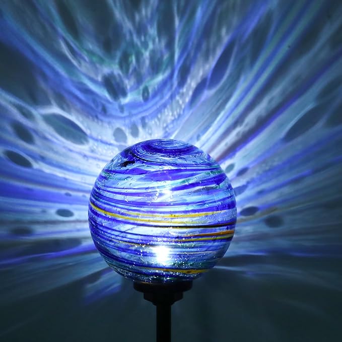 Solar Outdoor Decorative Lights Color Swirl Garden Stake Glaze Glass LED Globe Lights for Pathway Yard Lawn Decoration - 2 Pack Blue