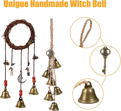 2 Pieces Witch Bells for Door Knob for Protection Hanging Bell Wind Chimes Handmade Decorative Bell for Boho Home Room Witchy Decor (Retro)