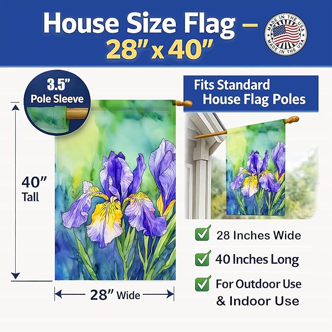 Caroline's Treasures Tennessee Iris in Watercolor House Flag Large Porch Sleeve Pole Decorative Outside Yard Banner Artwork Wall Hanging, Polyester, House Size, Multicolor