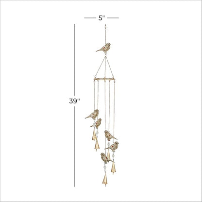 Deco 79 Metal Bird Indoor Outdoor Embellished Windchime with Glass Beads and Cone Bells, 5" x 5" x 39", Gold