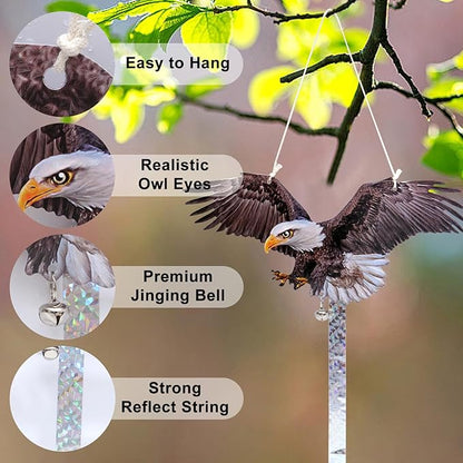 2Pack Plastic Owl Fake Owls, Reflective Owl Hanging Decoration, Barn Swallow Deterrent Dual-Side Printed Raster Fake Eagle for Garden Patio Windows
