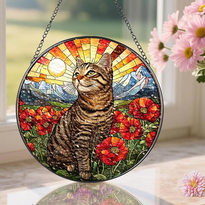 Stained Glass Suncatcher Window Hanging, 7.8 Inch Handmade Sunflower Garden suncatchers, Suncatcher Home Decor,Gift for Women, Mom, Grandma (Cat)
