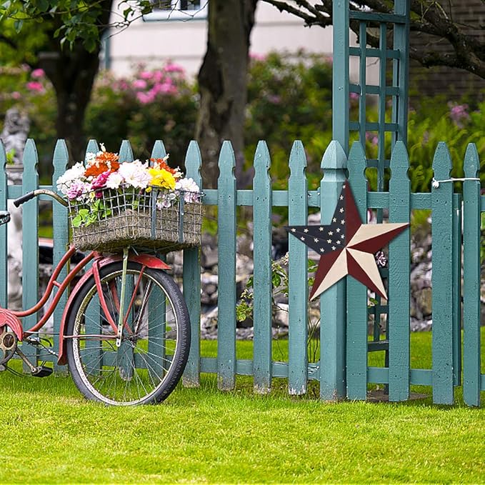 Metal Barn Star Yard Sign Patriotic Garden Stakes Hanging Star Ornament with Stake Outdoor 4th of July Lawn Decoration Party Supplies USA Flag Decor for Independence Day Memorial Day