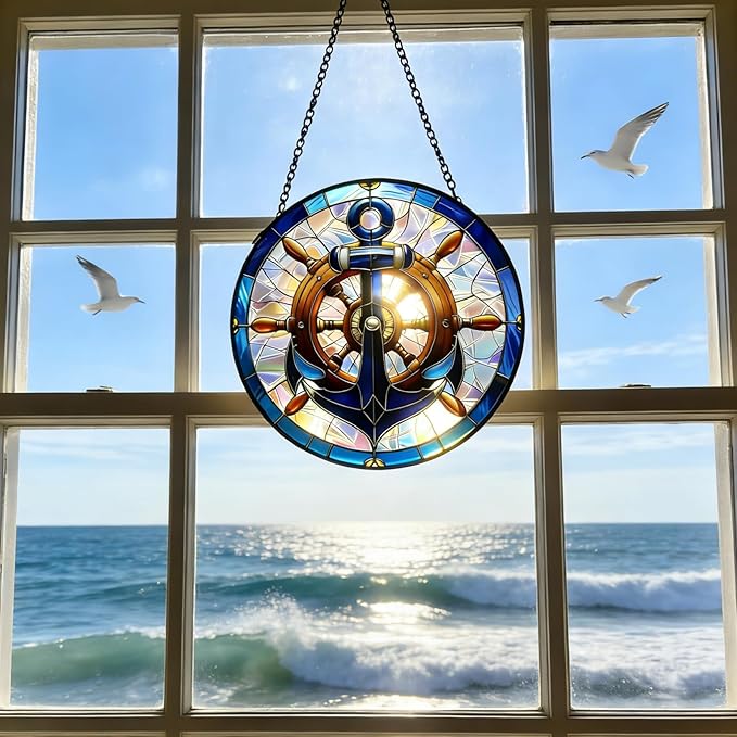 Nautical Stained Glass Anchor & Helm Suncatcher, Window/Door Decor for Coastal - Style Homes, Ideal Gift for Sea Lovers, Grandma, Girlfriend