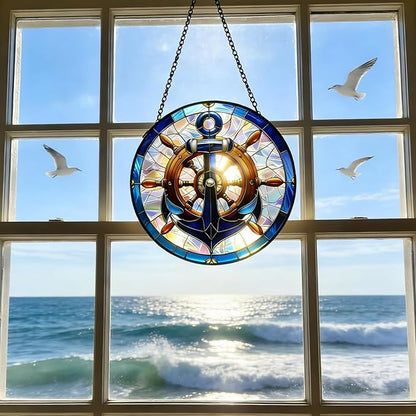 Nautical Stained Glass Anchor & Helm Suncatcher, Window/Door Decor for Coastal - Style Homes, Ideal Gift for Sea Lovers, Grandma, Girlfriend