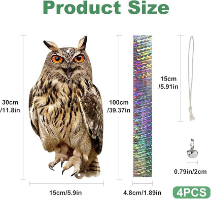 Hanging Plastic Owls for Gardens, 4PCS Reflective Hanging Owl Decoration Woodpecker Control Device with Reflective Tape, Jinging Bell for Garden Patio Windows