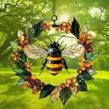 Bee Floral Wreath Acrylic Suncatcher Stained Glass Effect Window Car Hanging Christmas Ornament Indoor Outdoor Decor Garden Sun Catcher Panel for Bee Lover for Women Mom Grandma