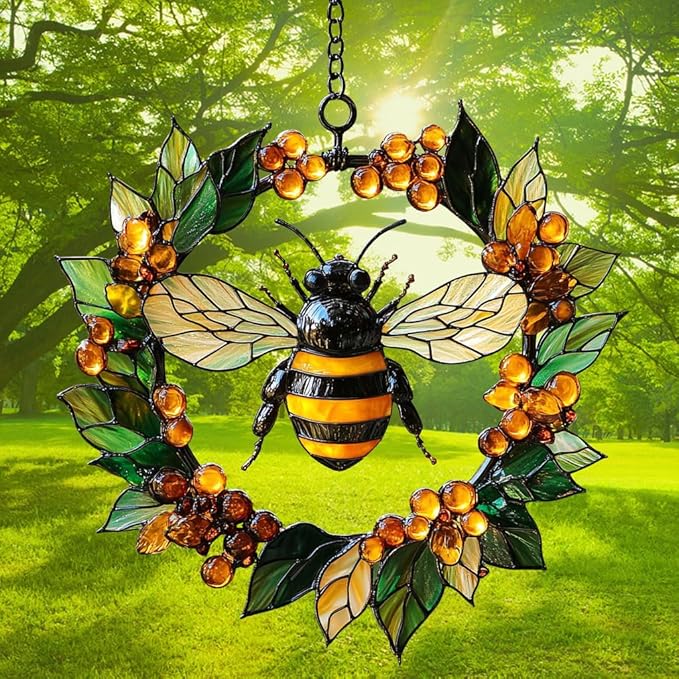 Bee Floral Wreath Acrylic Suncatcher Stained Glass Effect Window Car Hanging Christmas Ornament Indoor Outdoor Decor Garden Sun Catcher Panel for Bee Lover for Women Mom Grandma