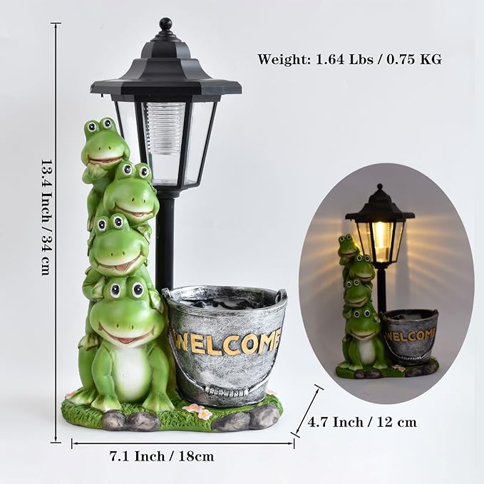 Solar Frog Statue for Outdoor Garden Decor, 13.4 Inch Outside Frog Family Ornaments with Lantern and Flowerpot for Garden, Balcony, Patio, Yard, Lawn -Birthday Gifts for Women Grandparents