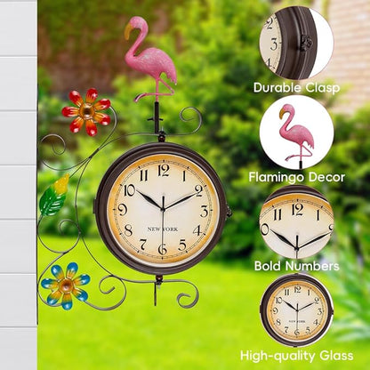 Flamingo Vintage Double Sided Wall Clock with Metal Frame Antique Wall Clock for Outdoor Decorative Art Decor for Living Room Restaurants Office Kitchen Silent Watches & 360 Degree Rotate