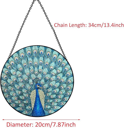 Hanging Stained Glass for Windows,20cm/7.87inch Peacock Hand-Painted Sun Catcher Garden Hangings Christmas Mother's Day, Valentine's Day Ornaments Festival Gift (Style A)