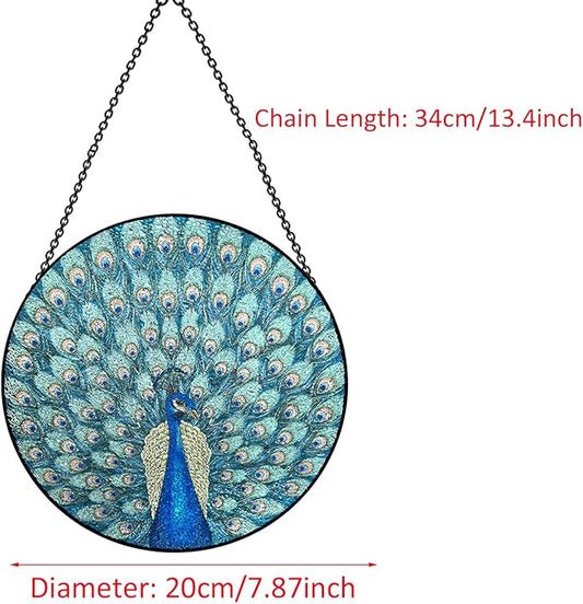 Hanging Stained Glass for Windows,20cm/7.87inch Peacock Hand-Painted Sun Catcher Garden Hangings Christmas Mother's Day, Valentine's Day Ornaments Festival Gift (Style A)