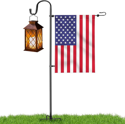 LOPANNY Garden Flag Stand - Upgraded Garden Flag Pole with Shepherd Hooks for 12 x 18" Flag, 45IN Yard Flag Holder Stand for Small Flags(Without Solar Lights & Flag)