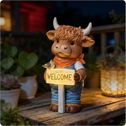 Solar-Powered Resin Highland Cow Welcome Statue with Light-Up Welcome Sign and Perched Bird, Garden Decor for Porch, Patio or Entryway