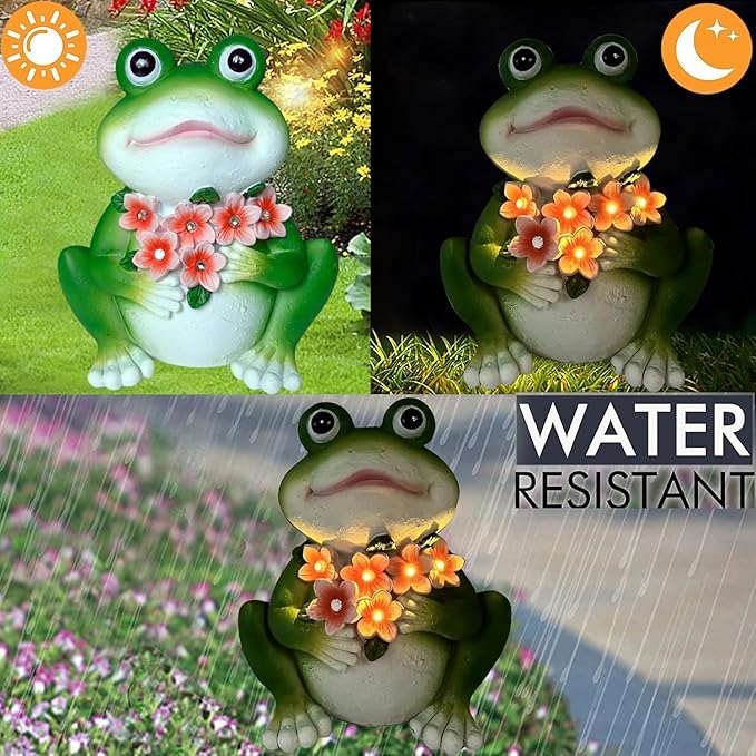 Solar Frog Garden Decor - Resin Frog Statues for Outside, Patio, Yard, Lawn, Gardening Gifts for Women, Outdoor Decorations
