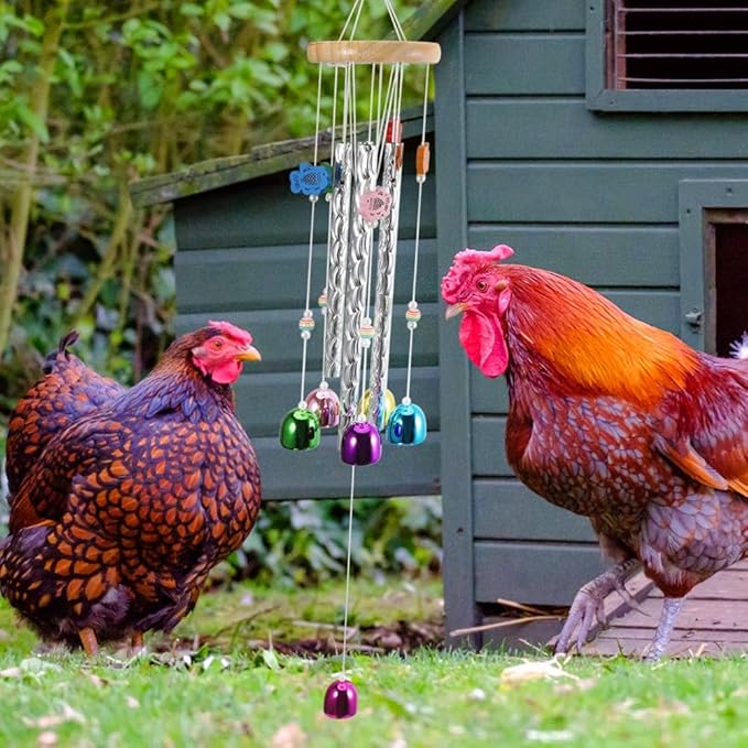Chicken Wind Chimes for Outside Chicken Toys for Coop, Chicken Wind Chime Enrichment Toys, Hanging Chick Peck Toy with Colorful Bells