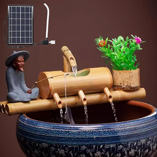 N/A Bamboo Solar Water Fountain Kit, Outdoor Bamboo Water Fountain Solar Powered, Bamboo Fountain Garden Water Feature, Bamboo Zen Fountain with 4 Water Outlets, for Garden Patio Pond,14in