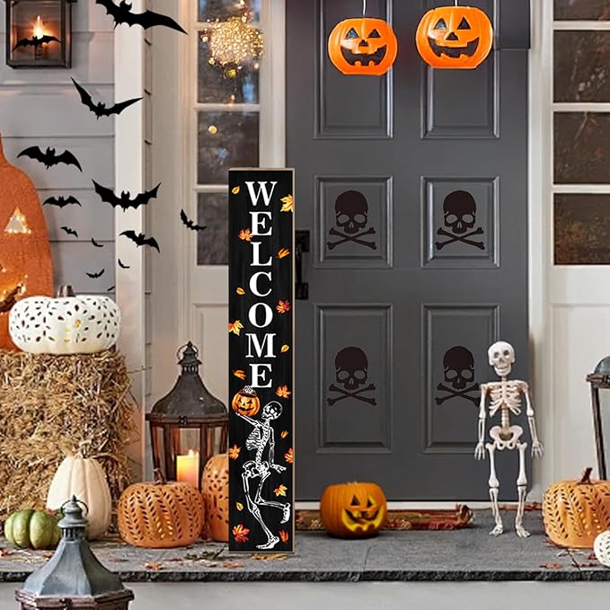 Funny Skull Porch Sign Halloween Skeleton Welcome Sign for Patio, Fall Decorations Wooden Front Door Signs Outdoor Pumpkin Standing Yard Sign Seasonal Vertical Signs for Holiday Wall Party Decor