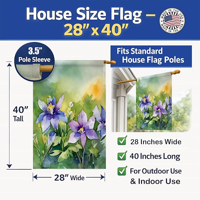 Caroline's Treasures Colorado Rocky Mountain Columbine in Watercolor House Flag Large Porch Sleeve Pole Decorative Outside Yard Banner Artwork Wall Hanging, Polyester, House Size, Multicolor