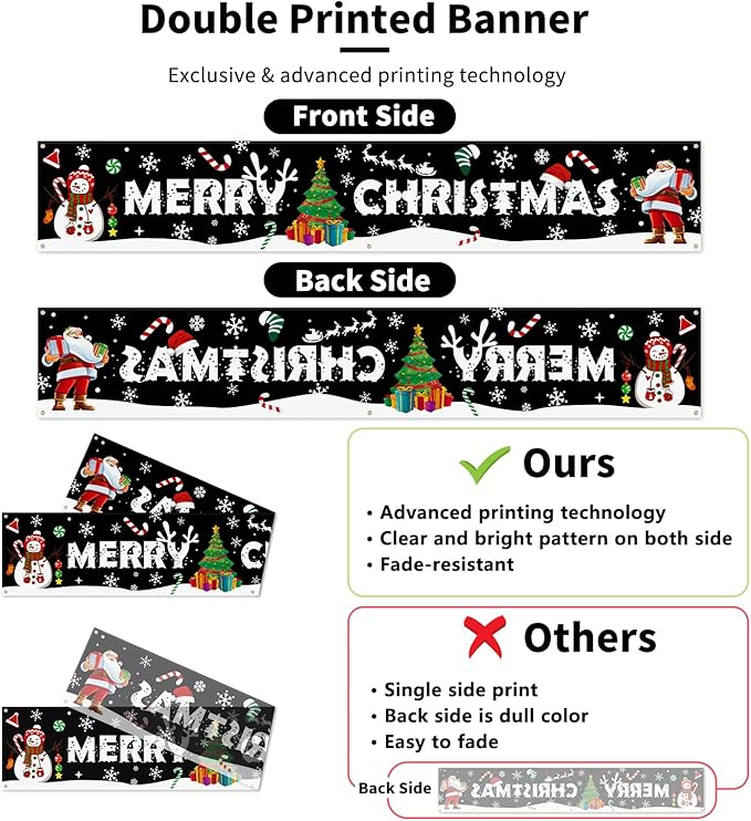 Probsin Large Merry Christmas Banner 120" x 20" Double Printed Xmas Decoration Snowman Christmas Tree Hanging Santa Claus Holiday Party Supplies Home Decor for Outdoor,Indoor,Yard,Garden,Porch,Lawn