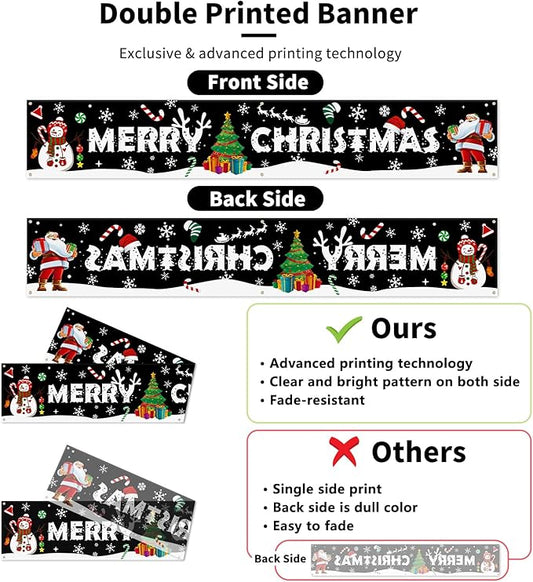 Probsin Large Merry Christmas Banner 120" x 20" Double Printed Xmas Decoration Snowman Christmas Tree Hanging Santa Claus Holiday Party Supplies Home Decor for Outdoor,Indoor,Yard,Garden,Porch,Lawn