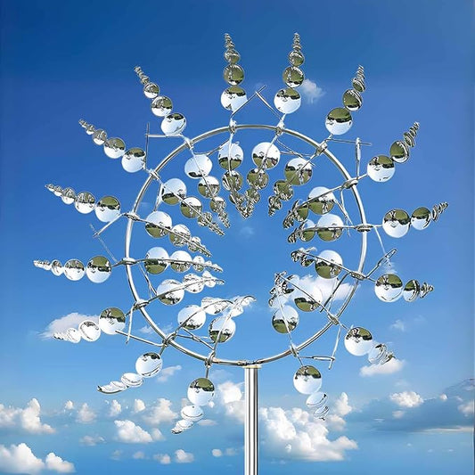Unique and Magical Metal Windmill, 2Pcs Wind Spinners, 3D Wind Powered Kinetic Sculpture, Stainless Steel Wind Spinners, Wind Mill for Yard and Garden (2PCS-Silver)