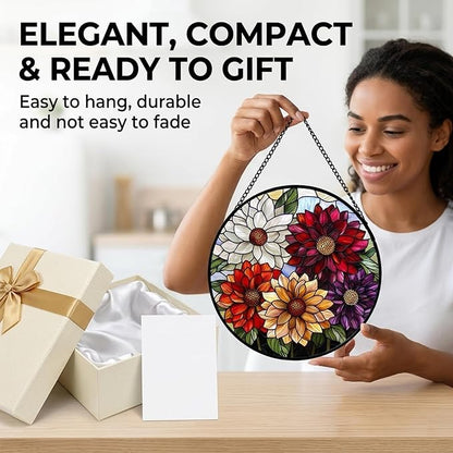 Birthday Gifts for Women - Colorful Flowers Faux Stained Glass Window Hanging Sun Catcher for Door Garden Acrylic Decor Mother's Day Christmas for Mom Nana Grandma Sisters Wife 7.8"