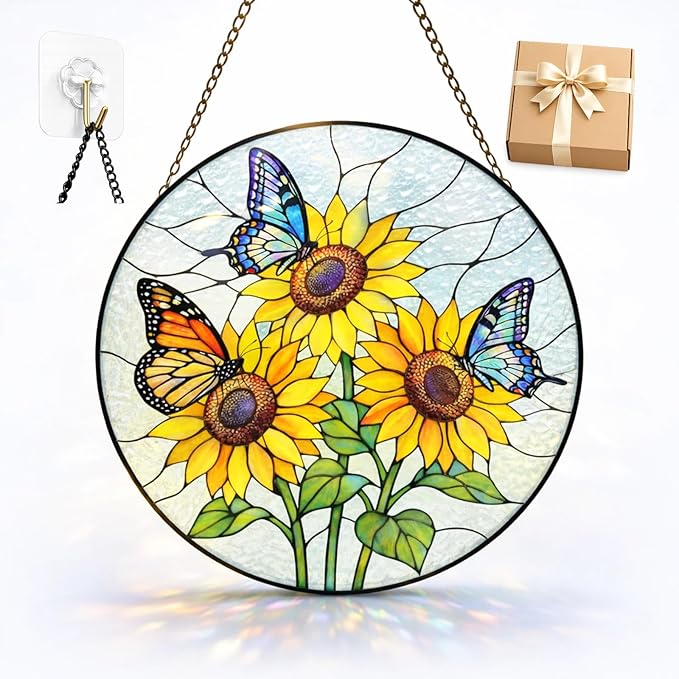 Sunflower Butterfly Suncatcher Window Hanging, 7.8" Stained Glass Decor, Gift for Family, Friends and Loved Ones, Home Decor for Window, Kitchen, Sunroom and Garden