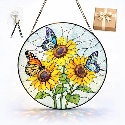 Sunflower Butterfly Suncatcher Window Hanging, 7.8" Stained Glass Decor, Gift for Family, Friends and Loved Ones, Home Decor for Window, Kitchen, Sunroom and Garden