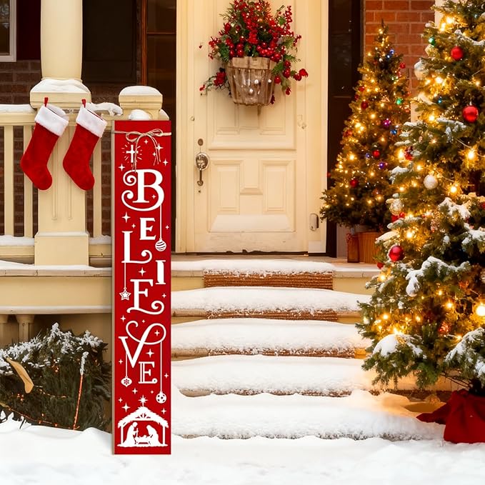 Christmas Porch Sign Believe Nativity Welcome Sign for Front Porch, Red ChristianWood Signs for Patio Jesus Tall Standing Wooden Yard Sign Bless Xmas Decoration for Indoor Outdoor