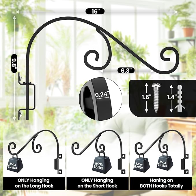 GOODBUY Swivel Plant Hangers Outdoor: 16 Inch Bird Feeder Plant Hanger Metal Wall Mount Hanging Plant Brackets Indoor Wall Hooks Outdoor for Hanging Baskets, Wind Chimes, Lanterns, Flower Pots, Black
