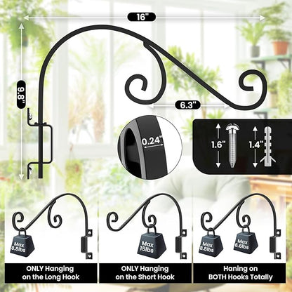 GOODBUY Swivel Plant Hangers Outdoor: 16 Inch Bird Feeder Plant Hanger Metal Wall Mount Hanging Plant Brackets Indoor Wall Hooks Outdoor for Hanging Baskets, Wind Chimes, Lanterns, Flower Pots, Black