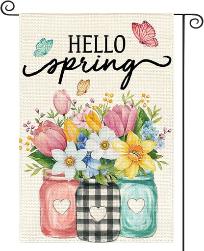 AVOIN colorlife Hello Spring Garden Flag 12x18 Inch Double Sided Outside, Floral Mason Jar Holiday Yard Outdoor Flag